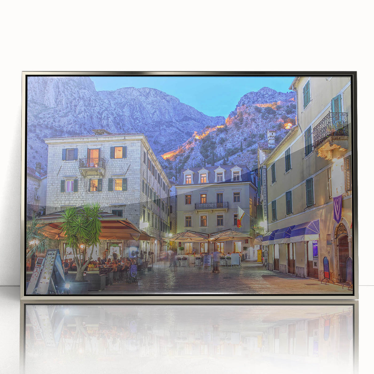 Large art print of a European Montenegro scenery in muted colors, framed in silver acrylic, ideal for modern art wall decor.