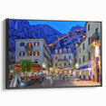 Black and white vintage poster art of Montenegro landscape on framed canvas, ideal for bedroom wall decor.