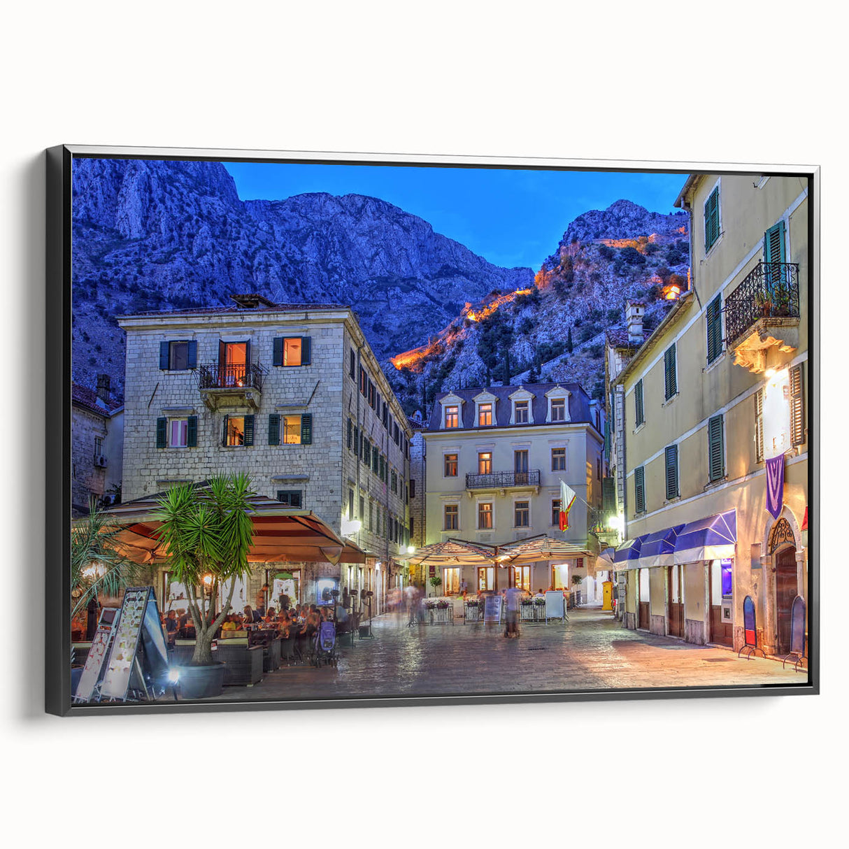Black and white vintage poster art of Montenegro landscape on framed canvas, ideal for bedroom wall decor.
