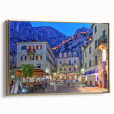 Framed canvas wall art featuring a vintage-style landscape painting of Montenegro in muted earth tones.