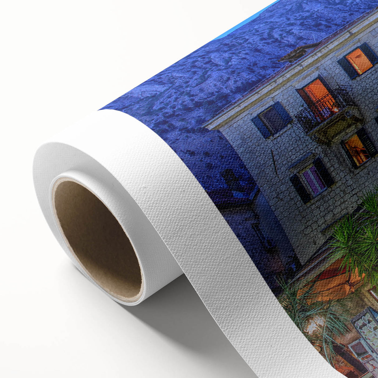 Art deco poster of a Montenegro landscape on rolled canvas, featuring muted earth tones, ideal for nursery wall art.