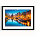 Extra large abstract art print of Amsterdam scenery in vibrant colors on a black framed canvas, ideal for living room decor.