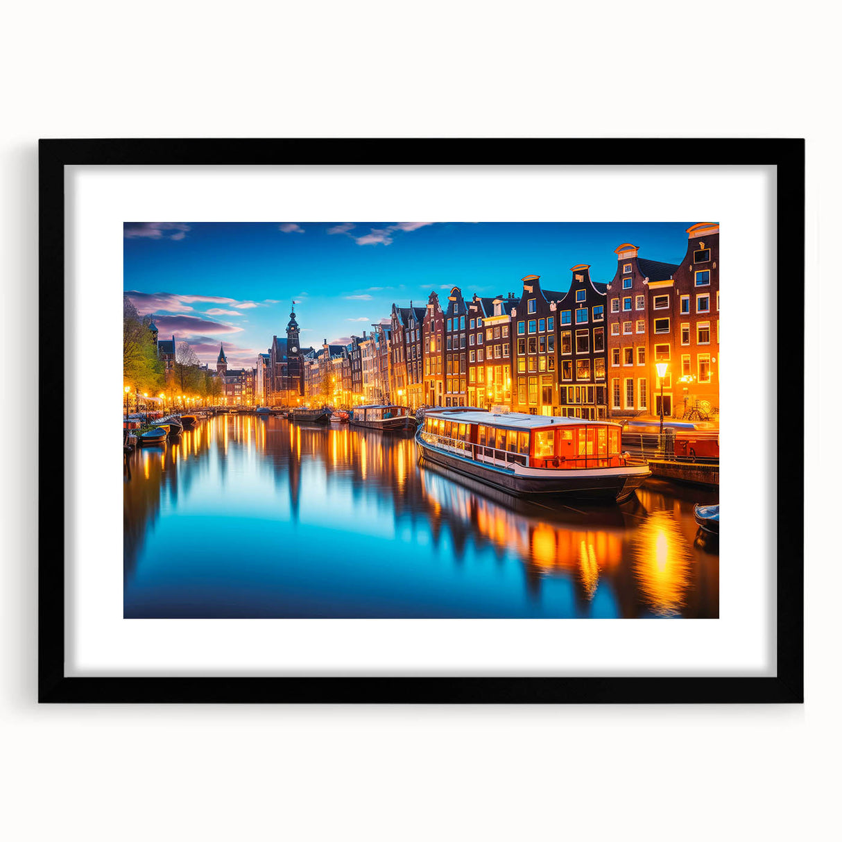 Extra large abstract art print of Amsterdam scenery in vibrant colors on a black framed canvas, ideal for living room decor.