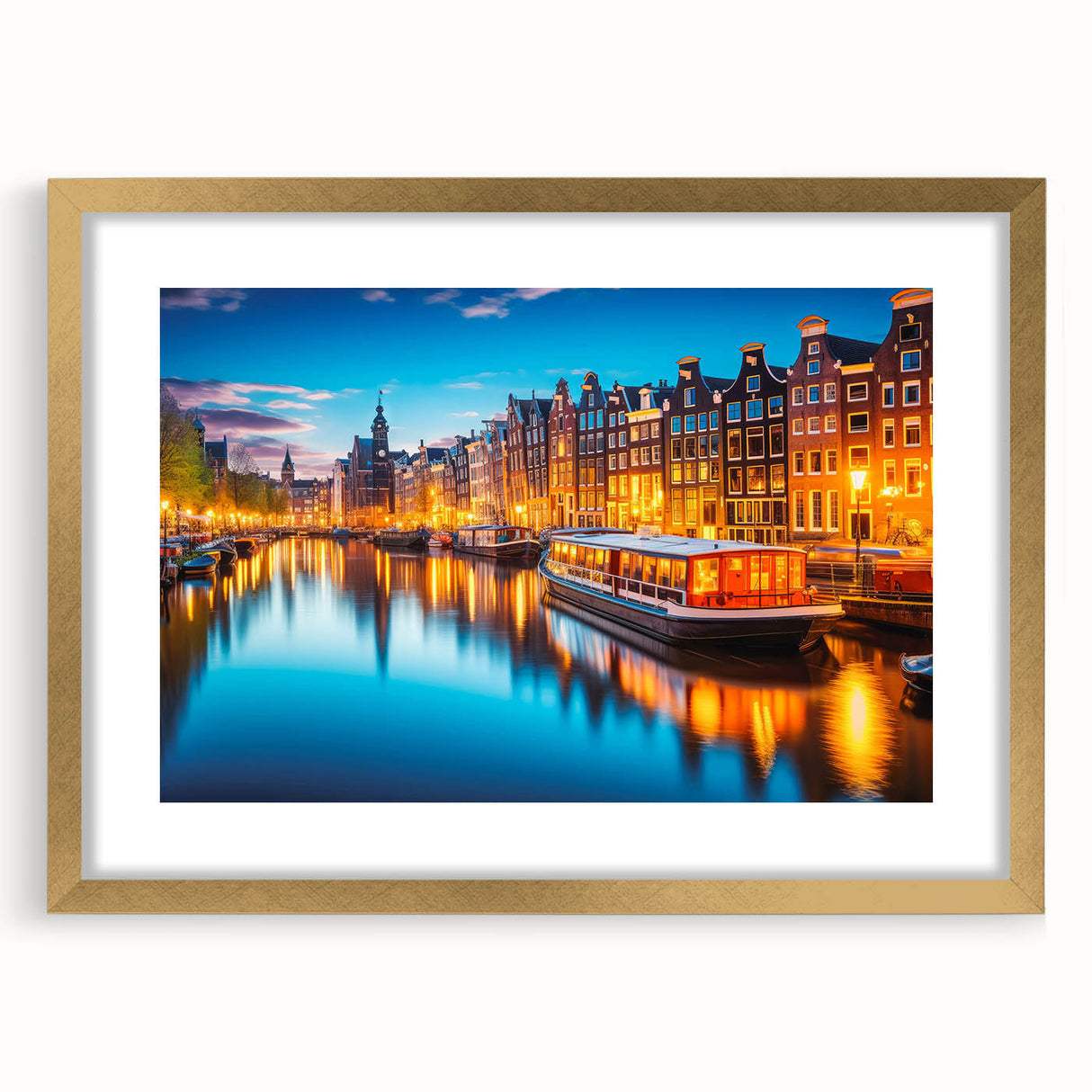 Abstract art print of Amsterdam with muted gold and blue tones, framed with a gold mat, suitable for dining room decor.