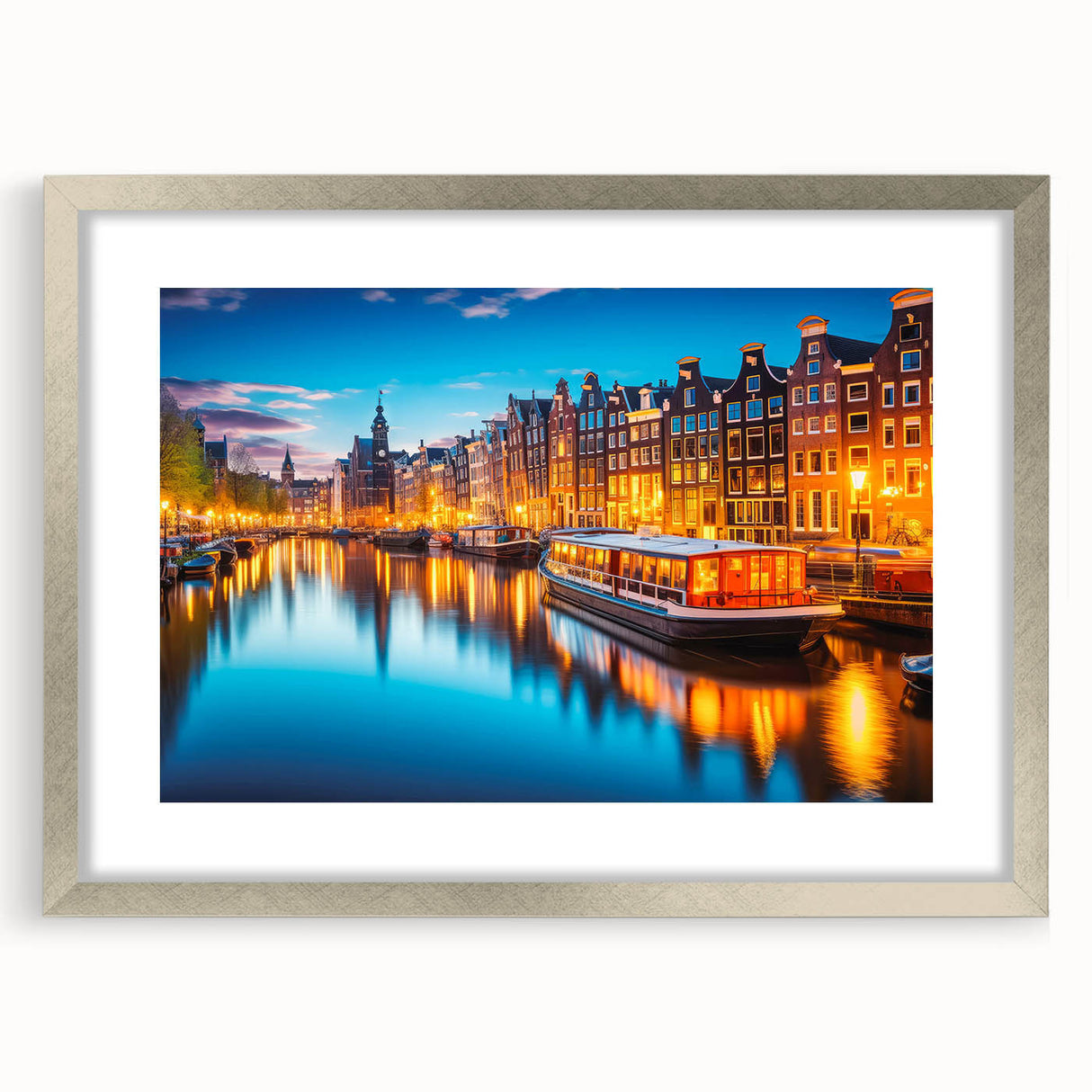 Extra large framed wall art of an abstract Amsterdam scenery in textured silver, ideal for living room decor.