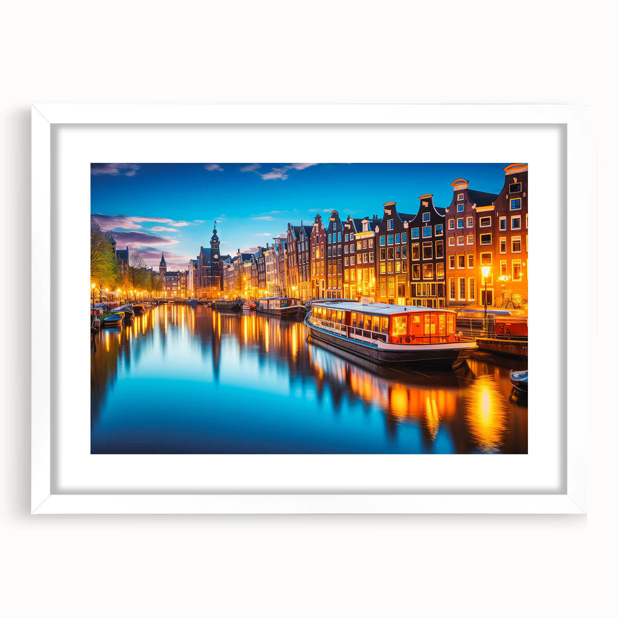 Textured art depicting abstract Amsterdam scenery in muted blue and gray tones on a white framed canvas.