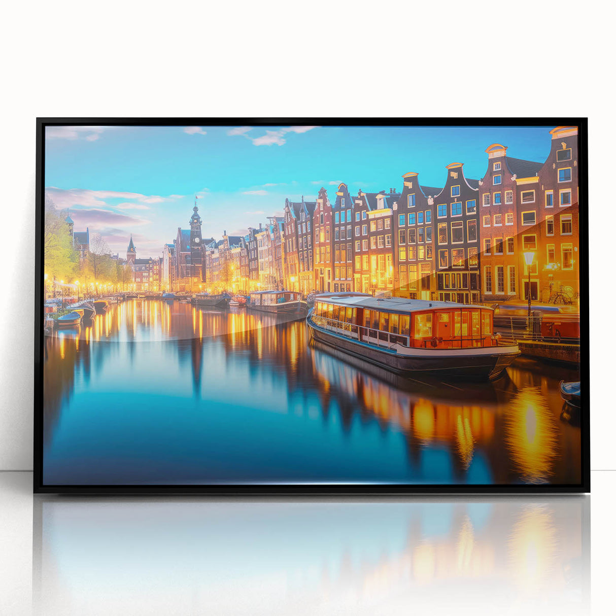 Large abstract wall art depicting Amsterdam’s canals in muted gray and blue tones, framed in black acrylic.