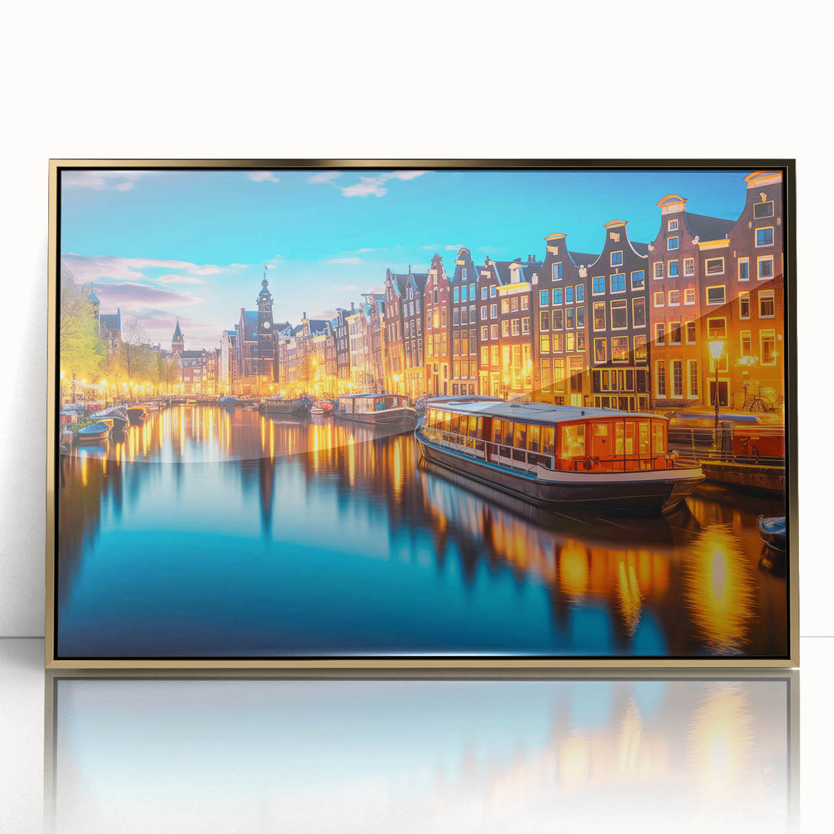 Art deco poster of Amsterdam scenery with muted earth tones on framed acrylic, suitable for modern art wall decor.
