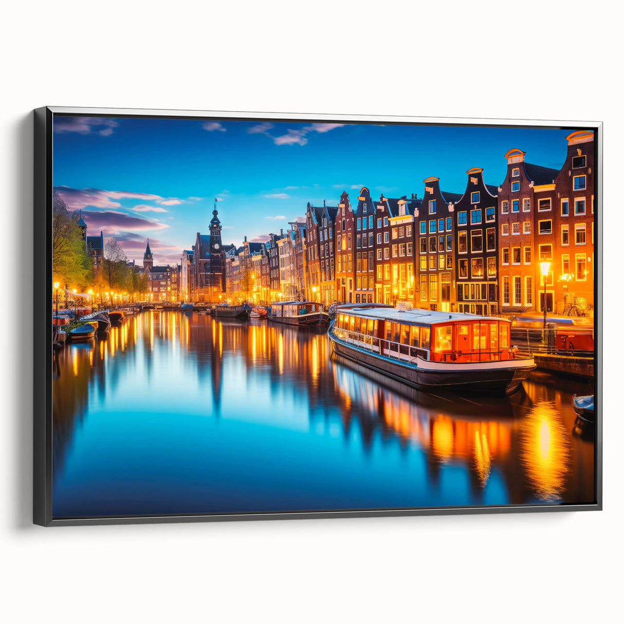 Black and white wall art featuring a vintage poster art style landscape of Amsterdam, ideal for bedroom decor, framed canvas.