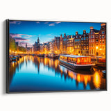 Black and white wall art featuring a vintage poster art style landscape of Amsterdam, ideal for bedroom decor, framed canvas.