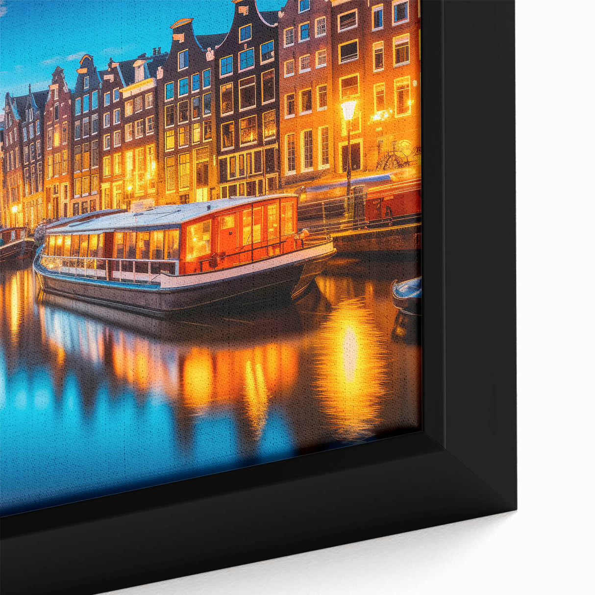 Framed canvas depicting a textured, colorful Amsterdam cityscape with dominant black tones, ideal for living room decor.