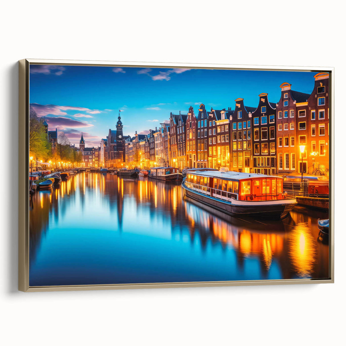 Framed canvas featuring a vintage-style Amsterdam landscape in muted gold and black tones, ideal for bedroom wall art.