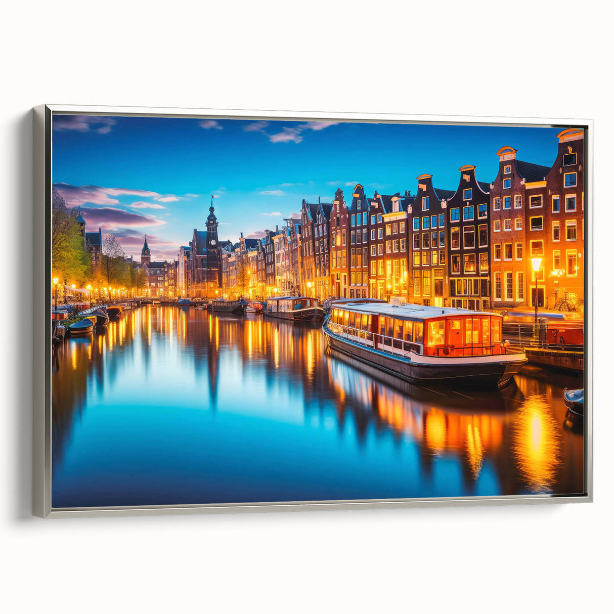Framed canvas depicting a vintage-style Amsterdam landscape with colorful buildings and black sky.