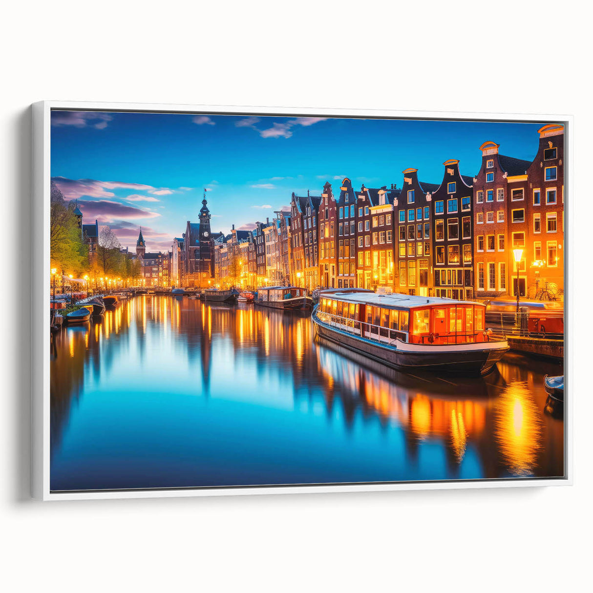 Vintage poster art of Amsterdam scenery in vibrant colors on a white framed canvas, ideal for living room decor.