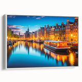 Vintage poster art of Amsterdam scenery in vibrant colors on a white framed canvas, ideal for living room decor.