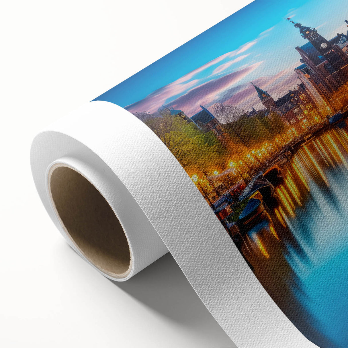 Art Deco style poster of Amsterdam scenery on rolled canvas, featuring muted earth tones.