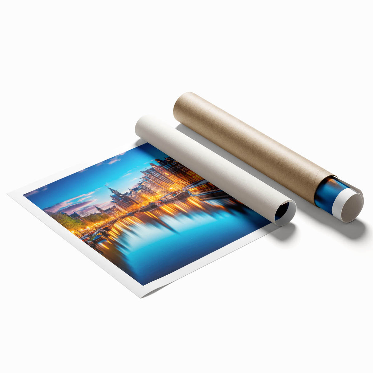 Extra large rolled print of Amsterdam scenery with vibrant floral art, ideal for classy bathroom wall art.