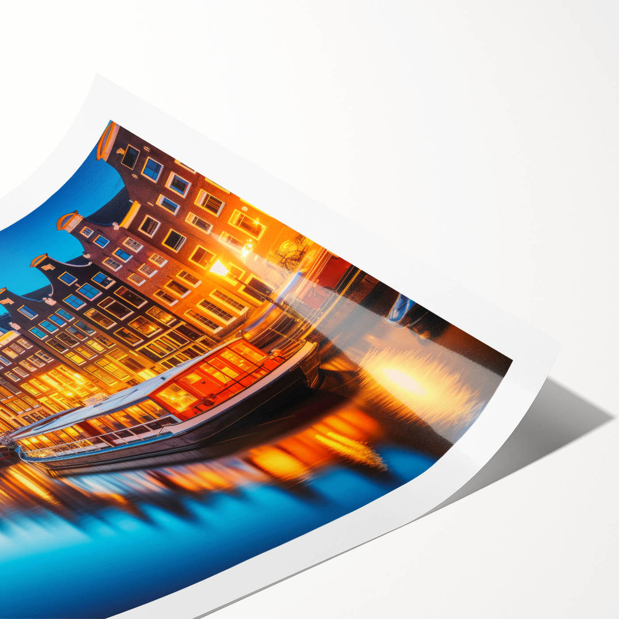 Extra large wall art featuring line art flowers over a muted Amsterdam scenery on a rolled print.