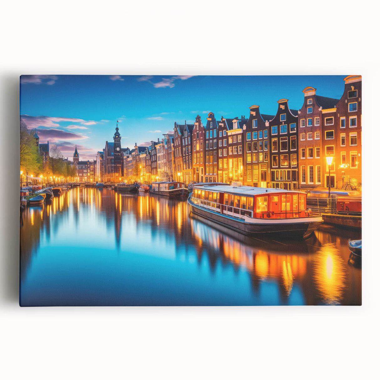Black and white stretched canvas of Amsterdam canal scene, ideal for kitchen wall art or bedroom ambiance.