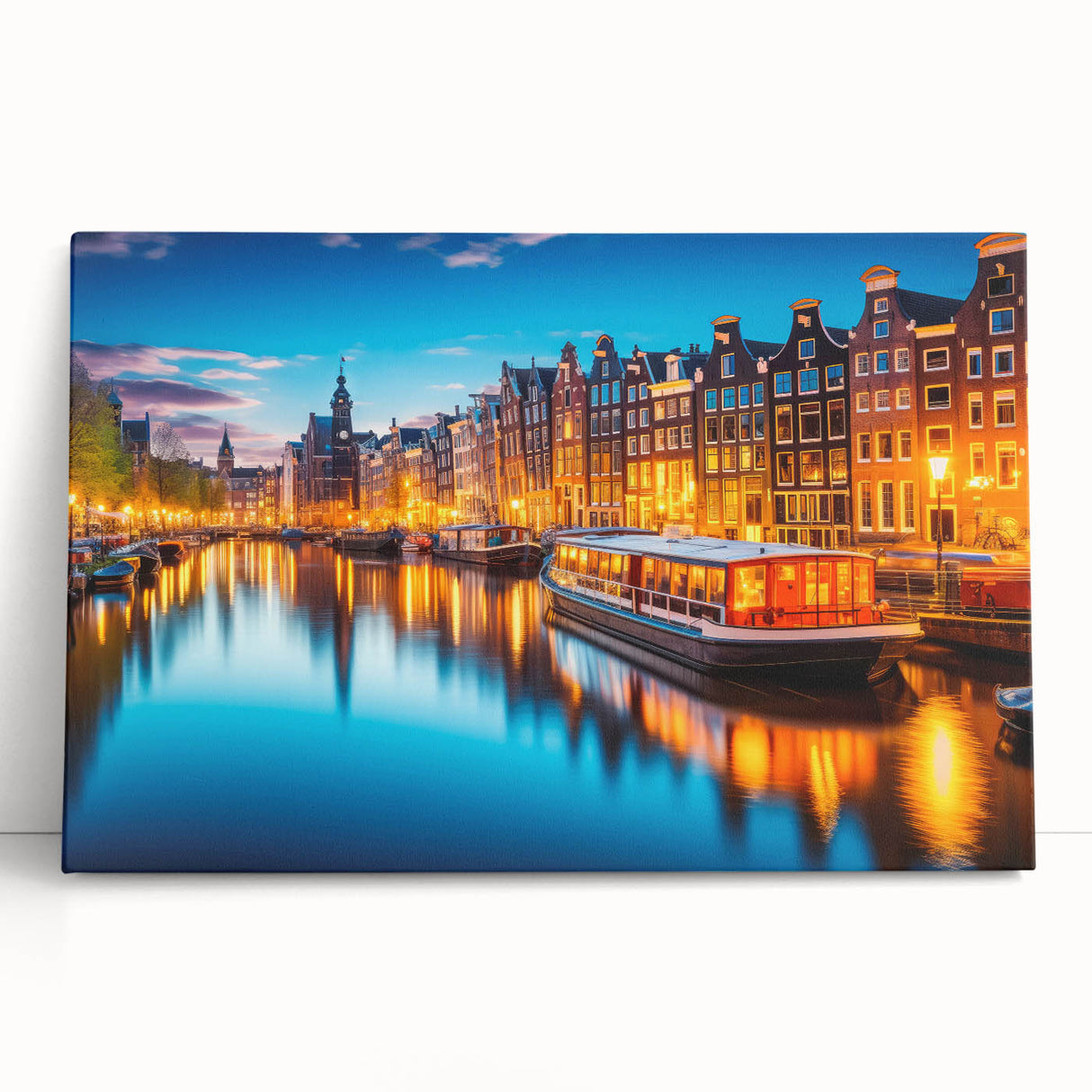 Black and white photograph of Amsterdam canal on stretched canvas, ideal for kitchen wall art.