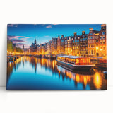 Black and white photograph of Amsterdam canal on stretched canvas, ideal for kitchen wall art.
