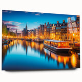 Acrylic print of Amsterdam canal scene in muted blues and grays, ideal for bedroom or dining room art.