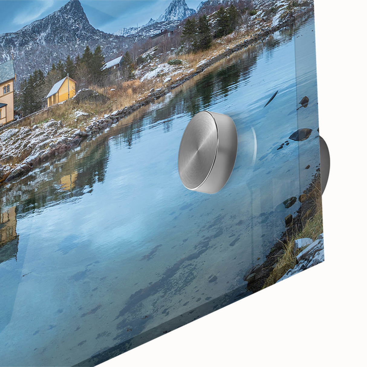 Large abstract wall art depicting a Norwegian landscape in muted earth tones on acrylic glass.