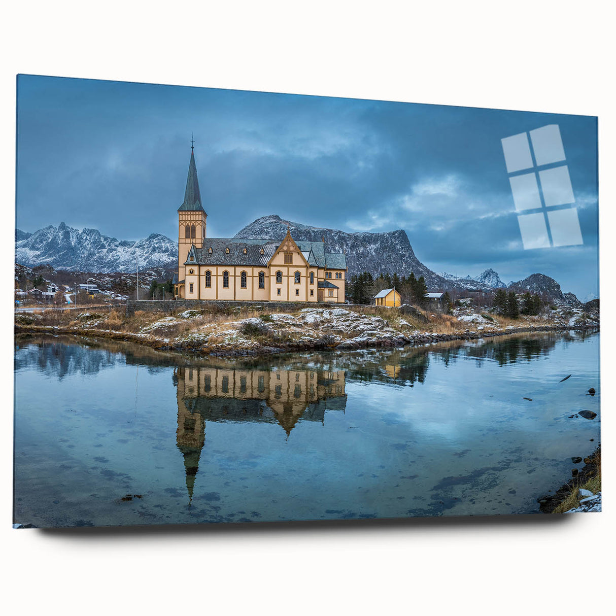 Acrylic print of a Norwegian landscape in muted green and blue tones, ideal for bedroom or dining room decor.