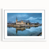 Textured art depicting an abstract Norwegian landscape in muted blue and gray tones on a framed white mat.