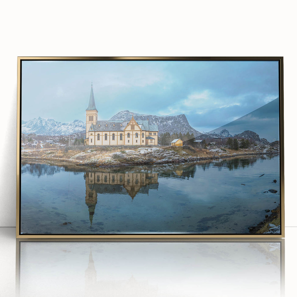Art Deco poster of a European Norway scenery in gold acrylic frame, ideal for modern art wall decor.