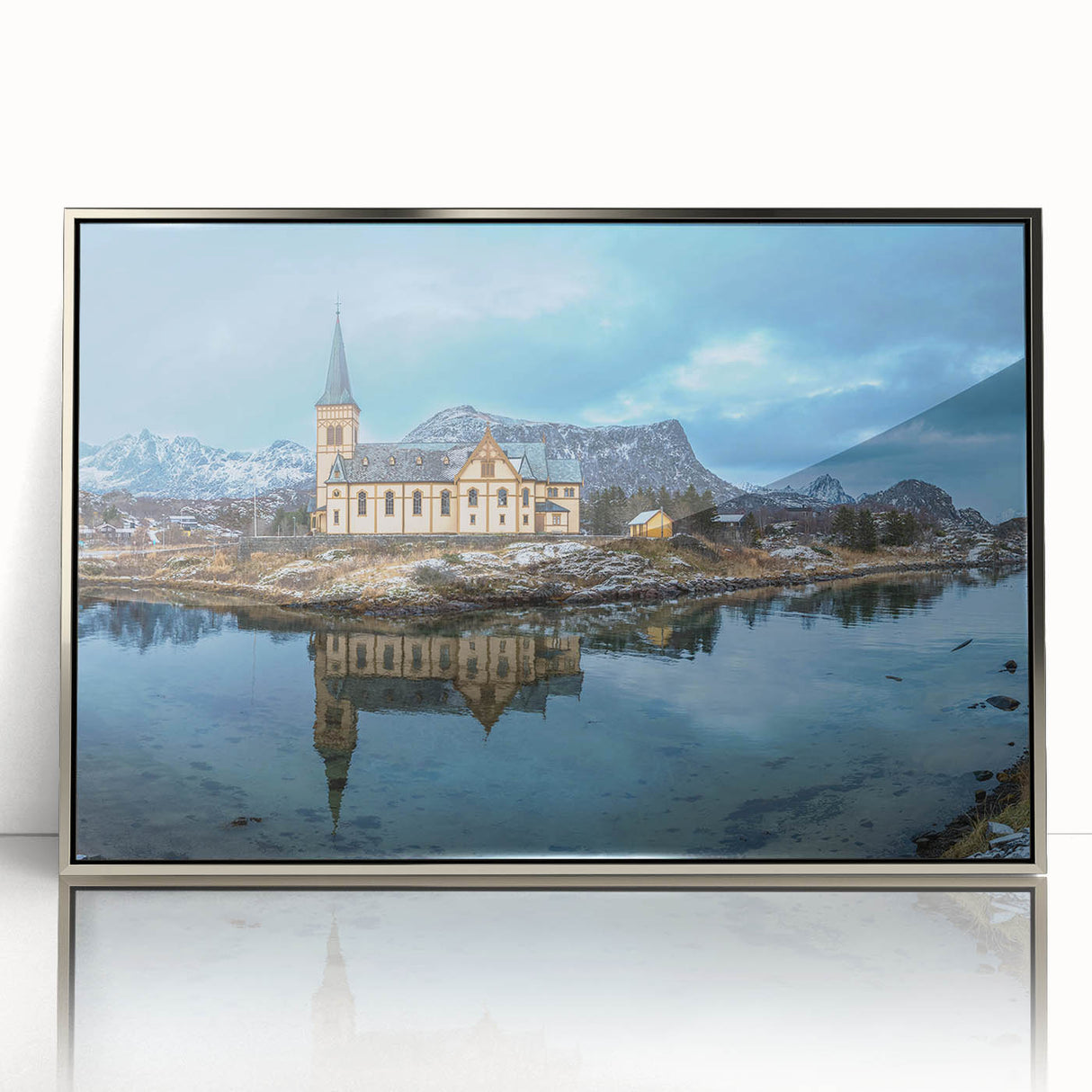 Mid-century modernist style Norwegian scenery on a silver-framed acrylic print, suitable for modern art wall decor.