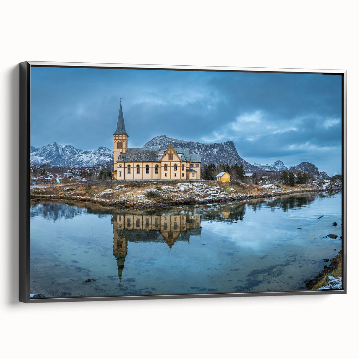 Black and white framed canvas of a vintage-style Norwegian landscape, ideal for bedroom wall decor.
