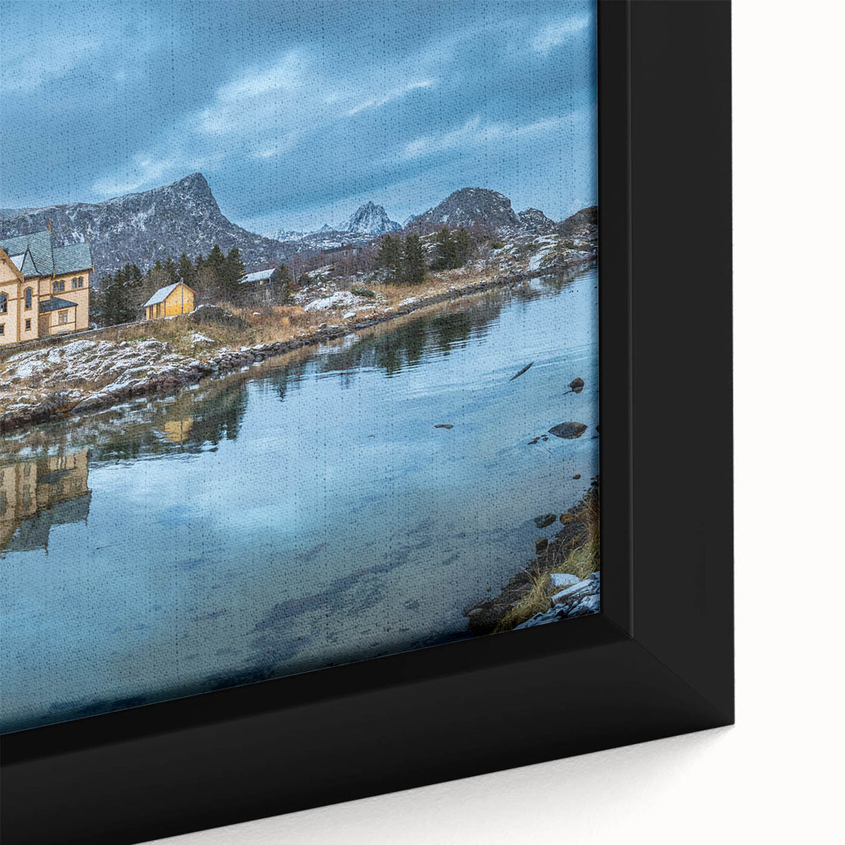 Extra large framed canvas featuring a textured depiction of a Norwegian landscape in black with colorful accents.