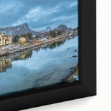 Extra large framed canvas featuring a textured depiction of a Norwegian landscape in black with colorful accents.