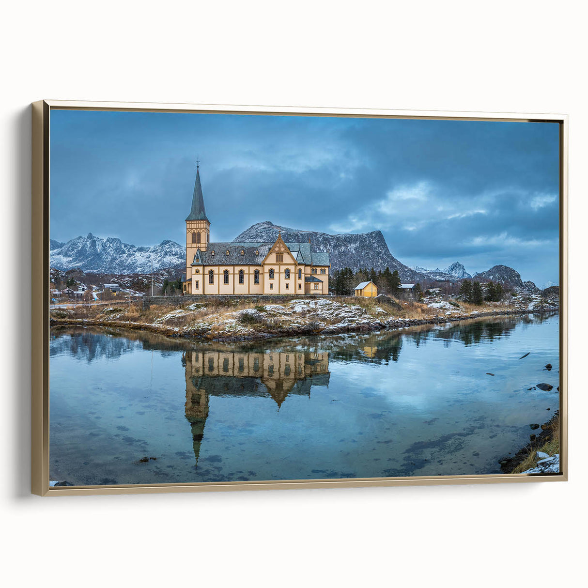 Framed canvas of a vintage-style landscape painting depicting a serene Norwegian scene, in muted earth tones.
