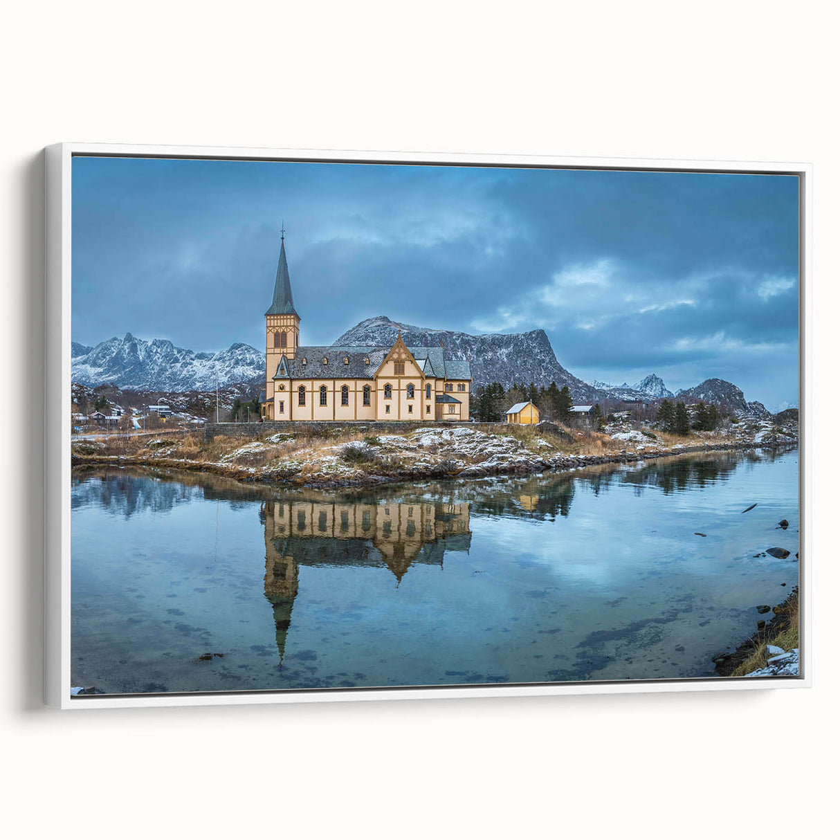 Vintage poster art of a scenic Norway landscape in vibrant colors on a framed canvas, ideal for living room decor.