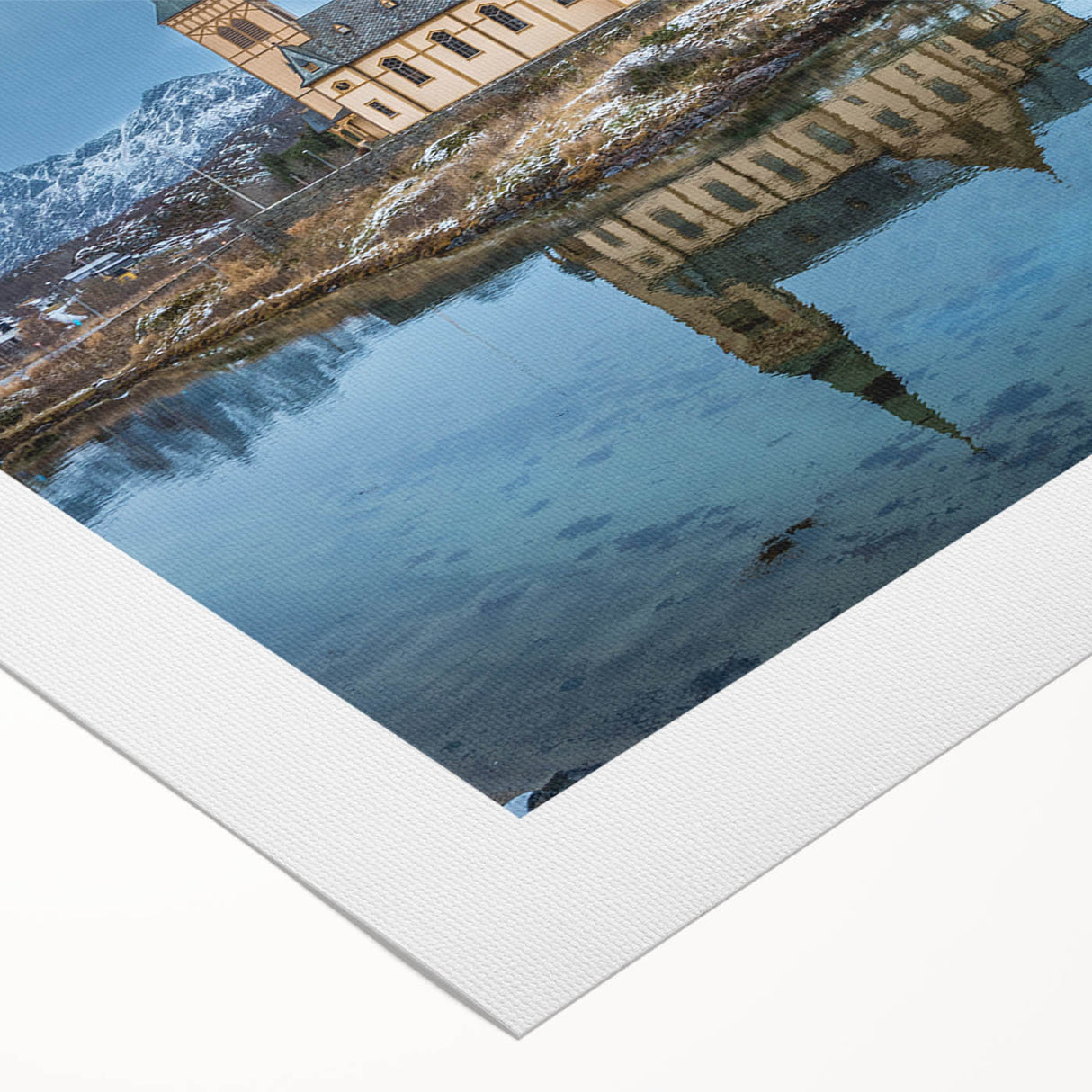 Art deco poster featuring a serene Norway landscape in muted blue and green tones, printed on rolled canvas.