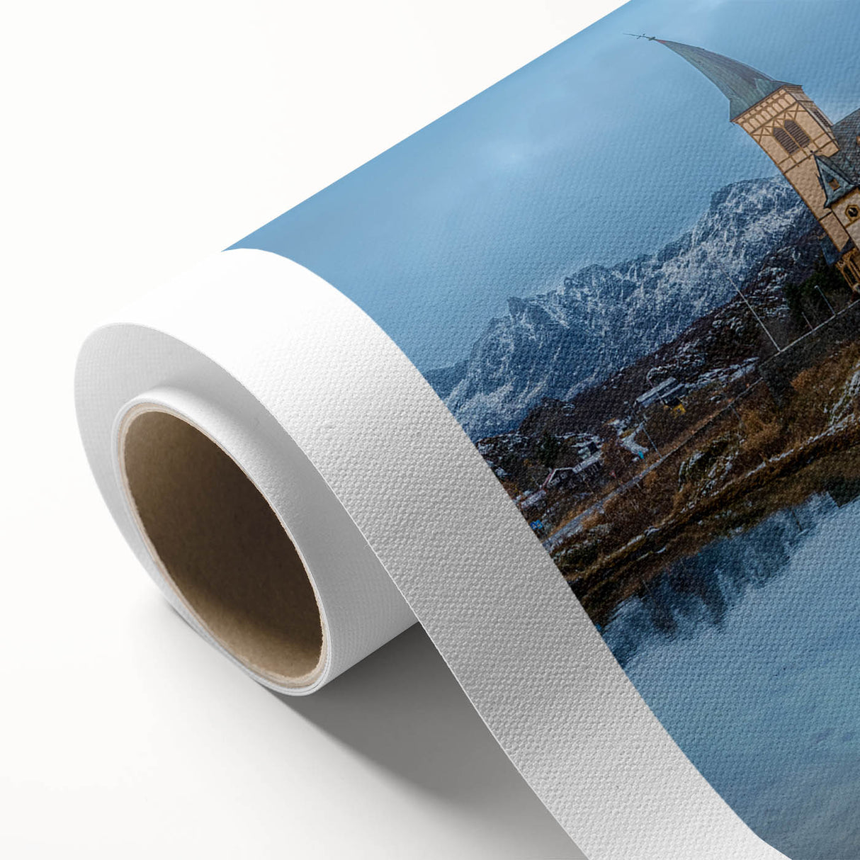 Art deco poster of a European Norway scenery in muted blue and green tones on rolled canvas, ideal for nursery wall art.