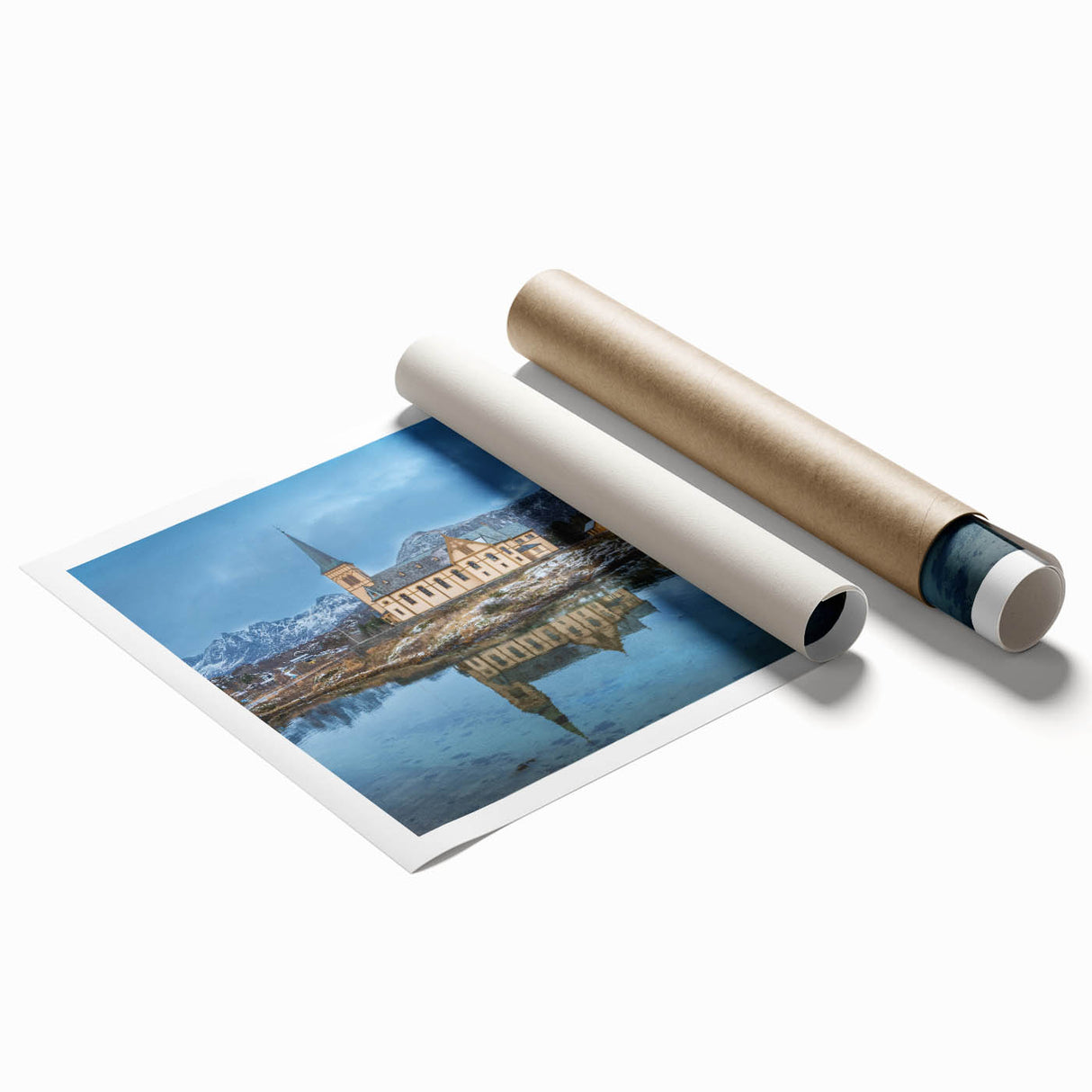 Extra large wall art depicting a serene Norwegian landscape, printed on rolled canvas.