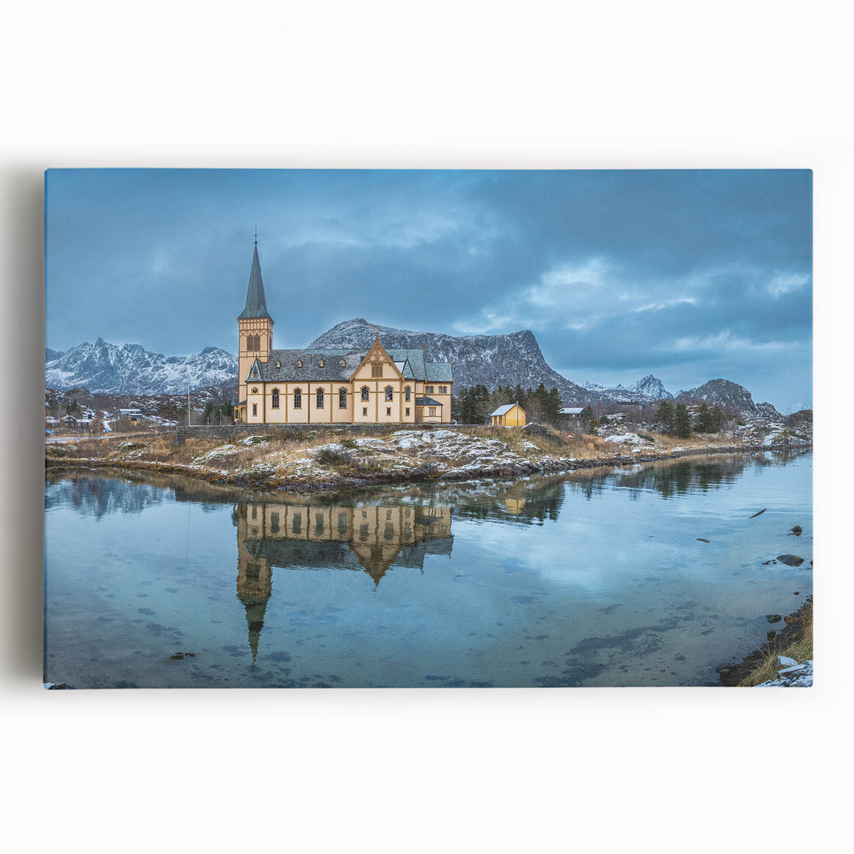 Black and white photograph of a Norwegian landscape on stretched canvas, ideal for kitchen wall art.