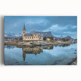 Black and white photograph of a Norwegian landscape on stretched canvas, ideal for kitchen wall art.