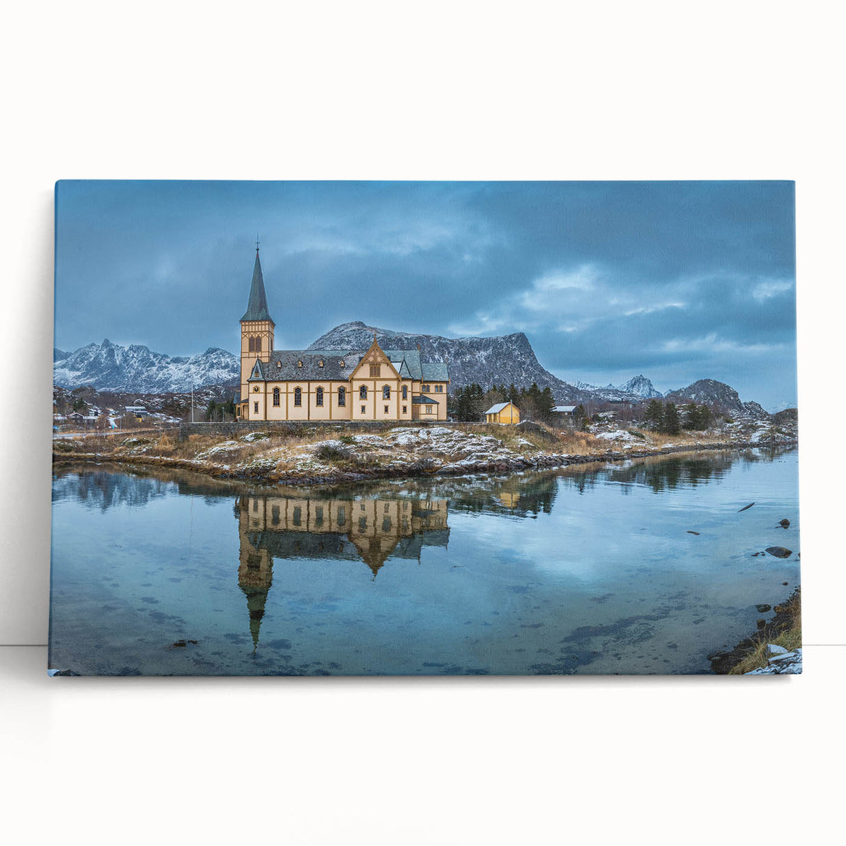 Black and white stretched canvas depicting a serene Norwegian landscape, ideal for kitchen wall art.