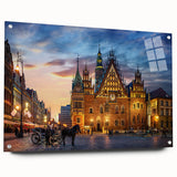 Acrylic print of a large abstract depiction of a European scenery in muted earth tones.