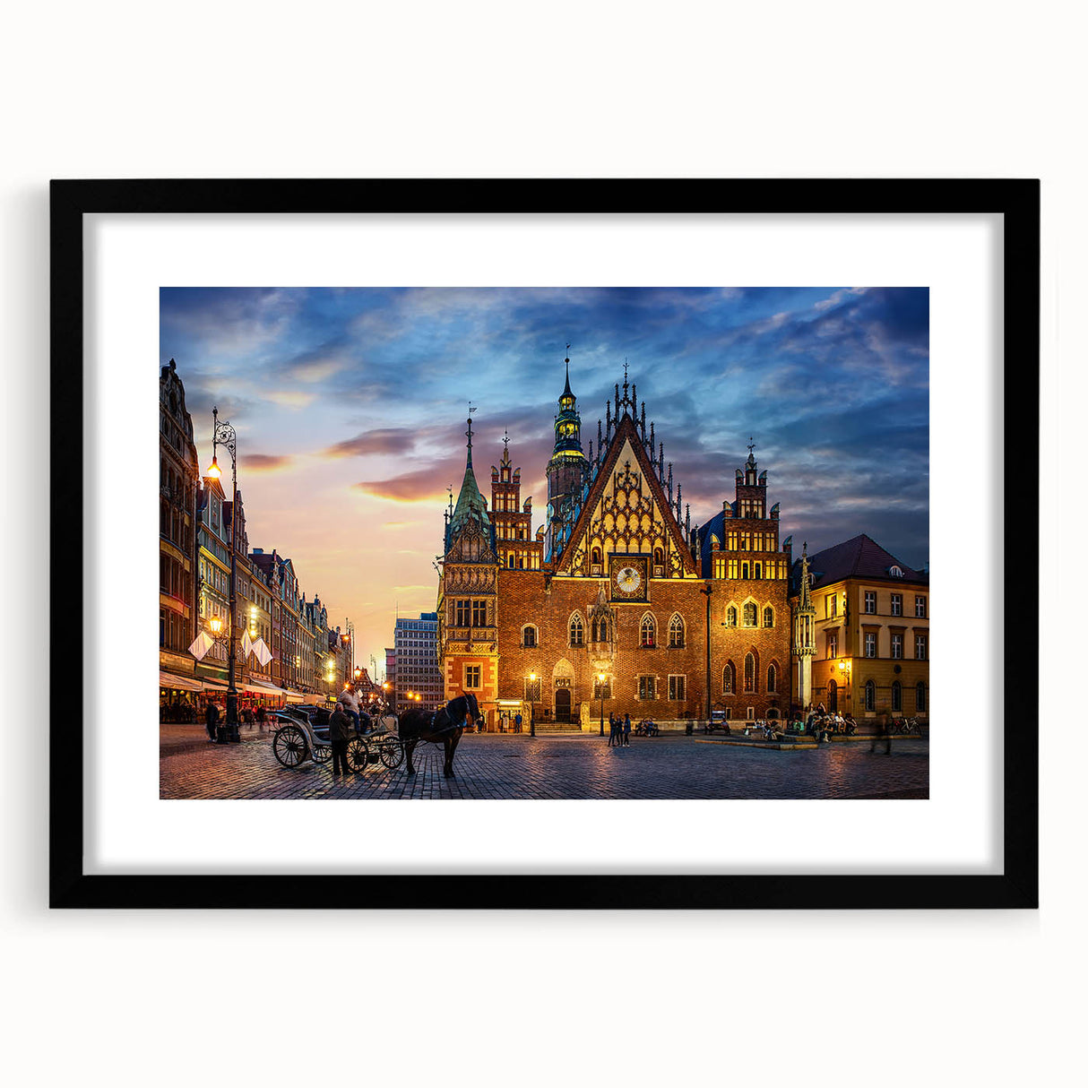 Extra large abstract art print featuring colorful, textured scenery of a European landscape, framed in black.