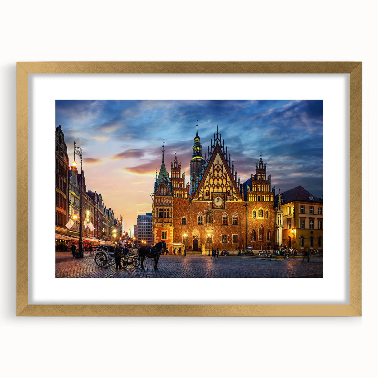 Abstract art print of a European scenery in muted gold and blue tones, framed with a gold mat.