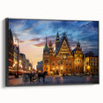 Black and white framed canvas of a vintage European landscape, ideal for bedroom wall art.