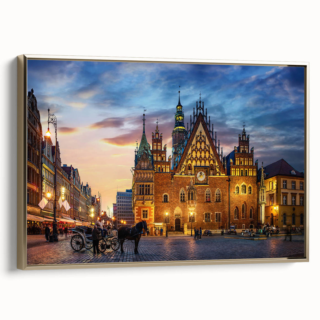 Framed canvas depicting a vintage-style Polish landscape in muted gold and black tones, suitable for bedroom decor.