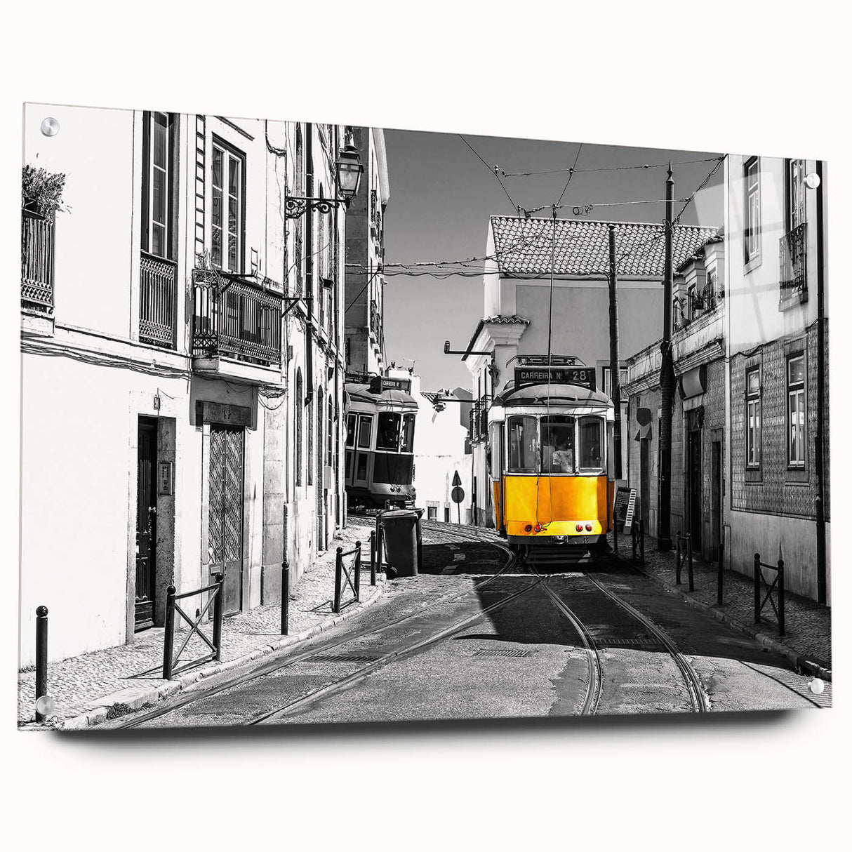 Acrylic print of Lisbon scenery with soft pastel shades, ideal for dining room decor.