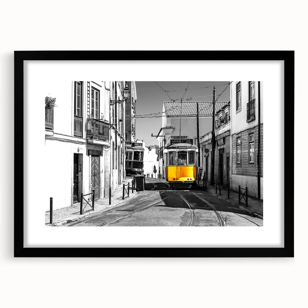 Abstract Lisbon skyline in colorful, textured strokes on a large framed canvas, ideal for living room decor.