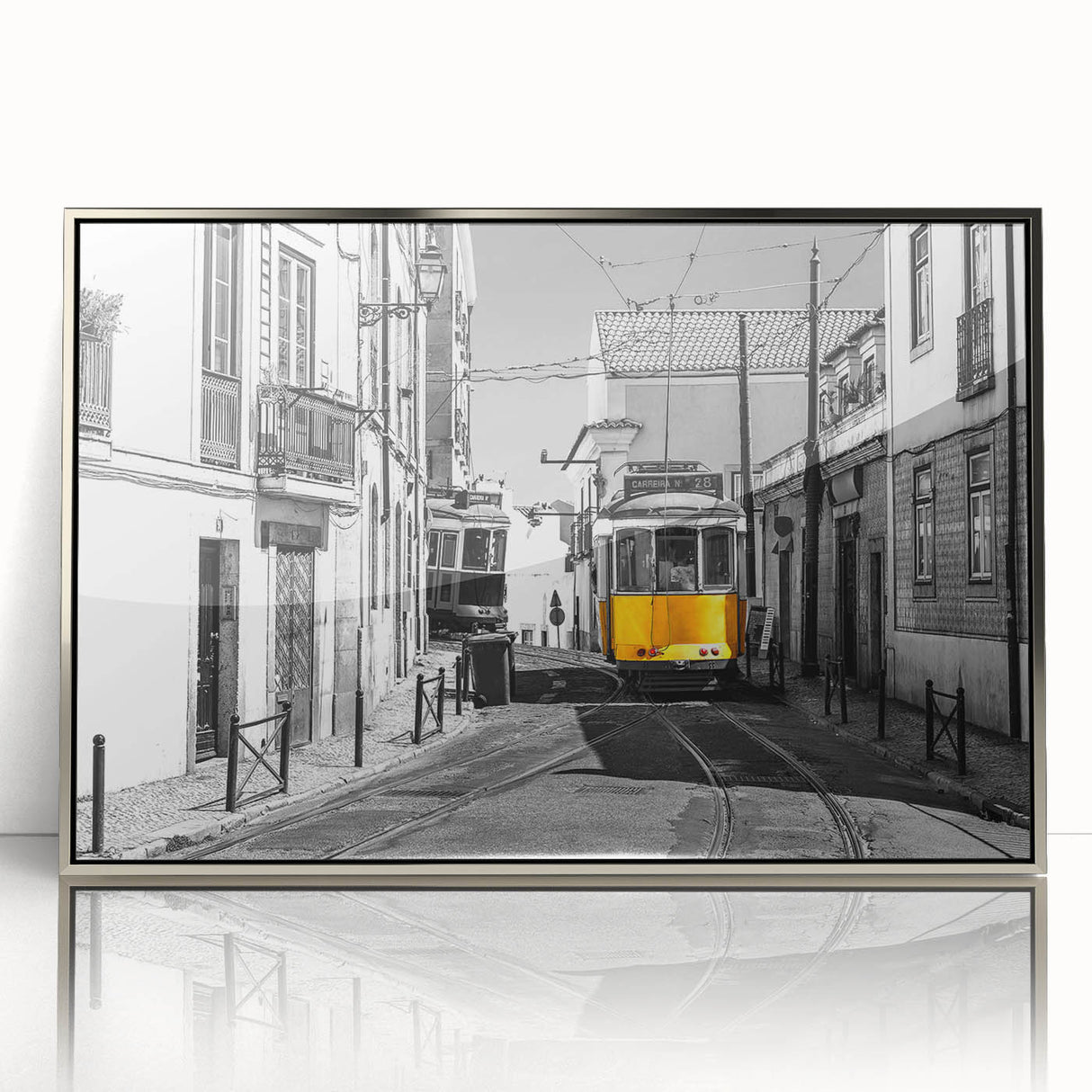 Mid-century modernist acrylic print of Lisbon scenery in muted earth tones, framed in silver.
